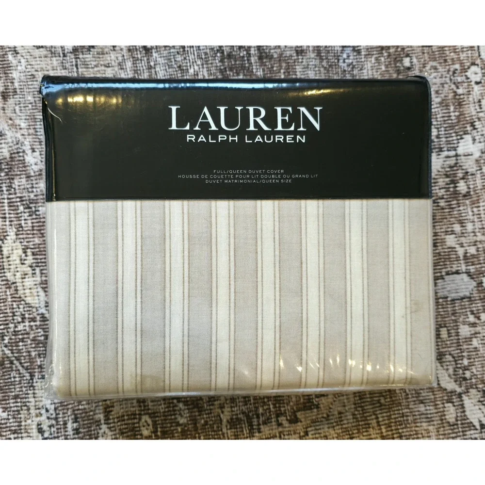 Ralph Lauren Graydon Melange Bold Stripe Full/Queen Duvet Dune Linen NIP